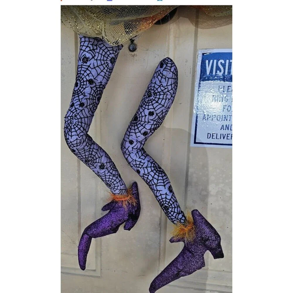 Artificial Halloween Witch Legs & Pumpkin Wreath Door Decor Black Orange Purple